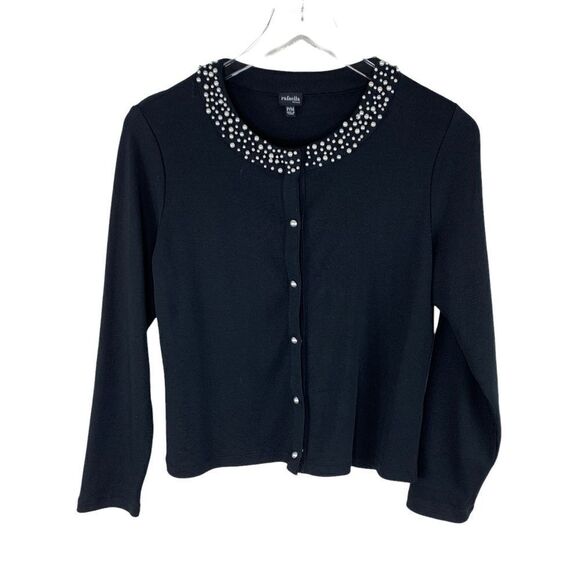 Rafaella Petites Black Sweater/Top PM Pearl Neckline Snap 100% Cotton‎ - Picture 1 of 9